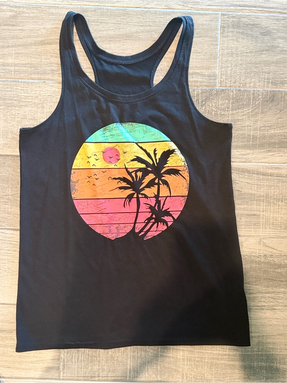 Black Tank Top with Tropical Sunset Palm Graphic. Women’s medium.